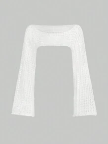 ROMWE Áo len đan móc hở vai hở vai mùa hè cho nữ, đi học, áo dài tay - trắng - Xem 5