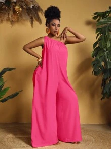 Slaydiva Plus Size Solid Color One Shoulder Wide Leg Jumpsuit - Hot Pink - View 4