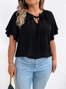EMERY ROSE Kích thước lớn Của phụ nữ TIE-NECK Ruffle Cắt tỉa Áo sơ mi Với Bùng nổ - màu đen - Xem 1