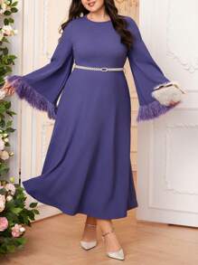 Modelyn Große Größen Abendkleid mit einfarbigem, rundem Ausschnitt, Langarm und Meerjungfrau-Schnitt - Violett - Übersicht 4