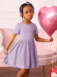 SHEIN Vestido informal de punto unicolor con cuello redondo de manga corta con corte trasero hueco para niña joven - Púrpura malva - Ver 3