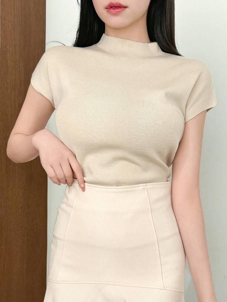 Women's Fitted Solid Color Thin Knit Mock Neck Sweater, Business Casual Summer