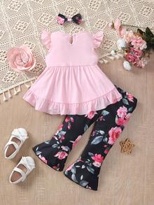 Conjunto informal para bebé niña compuesto por: falda estilo paraguas, blusa de manga corta y pantalones elegantes acampanados con aplicación de flor - Multicolor - Ver 2