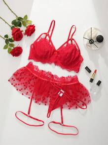 Spicy Aura Plus 3pack Bow Front Mesh Underwire Lingerie Set With 1pair Leg Ring - Red - View 1