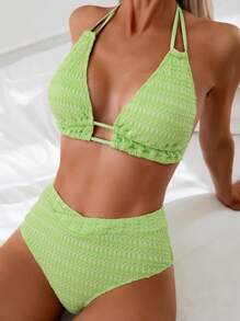 Swim Basics 女式紋理頸項比基尼套裝 - 綠色 - 查看 1
