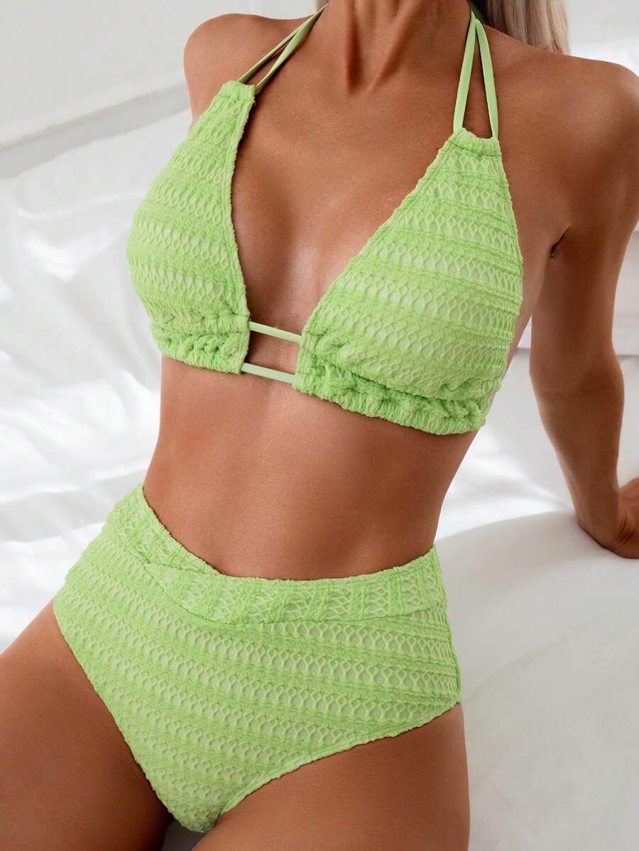 Swim Basics 女式紋理頸項比基尼套裝 - 綠色 - 查看 1