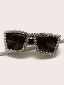 1 par de gafas de moda con clasificación de rhinestone, adecuadas para estilos de fiesta y festival, accesorios de playa para mujeres, gafas básicas, ropa de otoño e invierno, regalos casuales de negocios para vacaciones en la playa de verano, al aire libre, decoración de viaje con rhinstones, marco cuadrado oversize para festivales de música, estilo de preparación para volver a la escuela