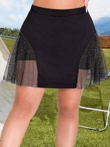 Flirla Plus Size Elastic Waist Mesh Skorts With Patchwork Design