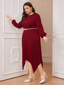 Modelyn Burgundy Red Plus Size Solid Color Lantern Sleeve Pleated Hanky Hem Dress