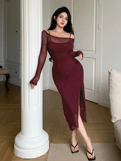 DAZY 情人节红色派对鸡尾酒会礼服，女式露肩网眼长袖连衣裙太阳裙透视装，秋季连衣裙