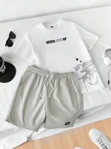 Manfinity Unisex Men's Casual Slogan Print T-Shirt & Solid Drawstring Waist Shorts 2pcs/Set Summer Outfit, Couple Things - Grey - View 6