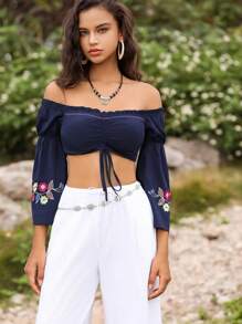 SHEIN Unity 女士露肩復古印花褶皺時尚短上衣 - 藏蓝色 - 查看 5