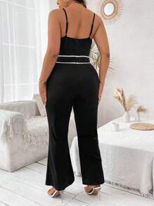 SHEIN Clasi Kích thước lớn Khối màu Thon gọn Áo ba lỗ Và Cái nĩa cao Quần ống loe Hai chiếc Bộ - Đen và trắng - Xem 2