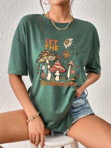 INAWLY Mushroom Letter Print Oversized Short Sleeve T-Shirt, Unisex - Dark Green - View 5
