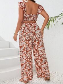 SHEIN Frenchy Plus Size Lễ Hội Âm Nhạc In Hình Cây Cổ Vuông Ruffle Áo Crop Top Và Quần Ống Rộng - Đỏ - Xem 2