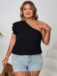 SHEIN VCAY Blusa de Ombro Único com Manga Flutuante e Cor Sólida para Senhoras Plus Size
