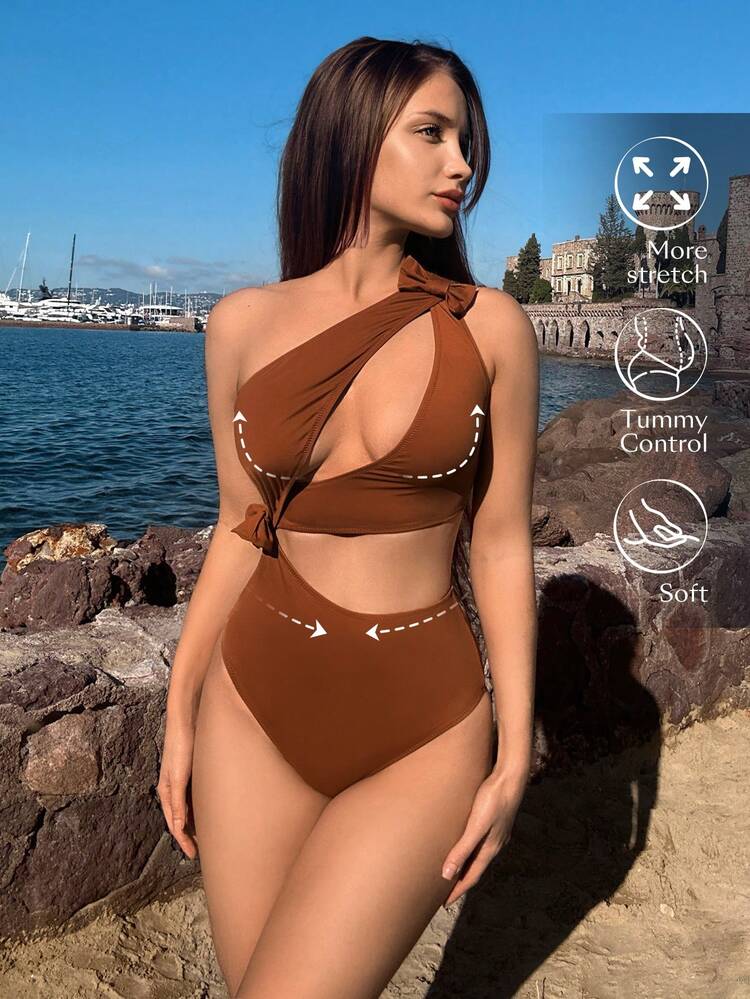 Women's Solid Color Cut Out One-Piece Swimsuit Bathing Suit For Summer Beach