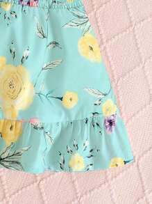 Young Girl Floral Printed Ruffled Blouse And Skirt Set - Mint Green - View 3