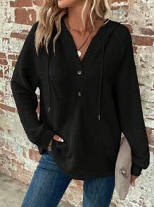 EMERY ROSE Half Button Raglan Sleeve Drawstring Hoodie In Fall/Winter - Black - View 3