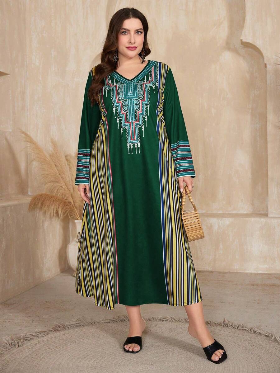 Al Najma Plus Size Women's Geometric Stripe Pattern V Neck Long Sleeve Arabian Dress Kaftan Jalabiya Dress - Multicolor - View 1