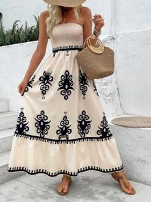 SHEIN LUNE Đầm Maxi Không Dây In Họa Tiết Thời Trang Cho Nữ - Màu be - Xem 1