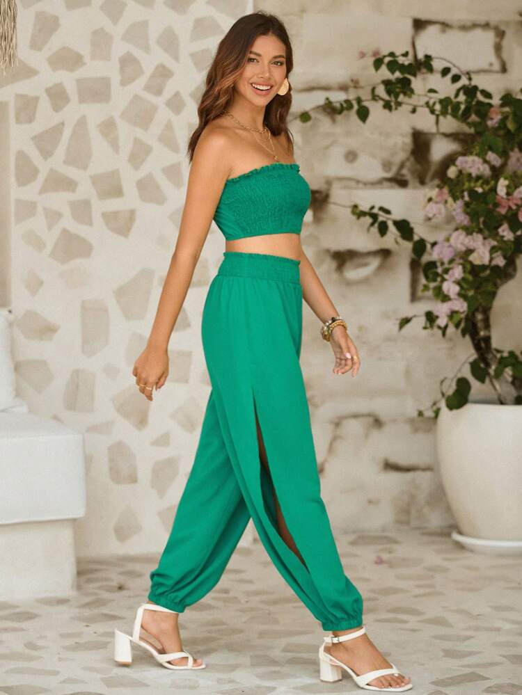 Vacation Solid Color Tube Top And Hollow Out Drawstring Pants Two Pieces Set, Women Cruise Outfit