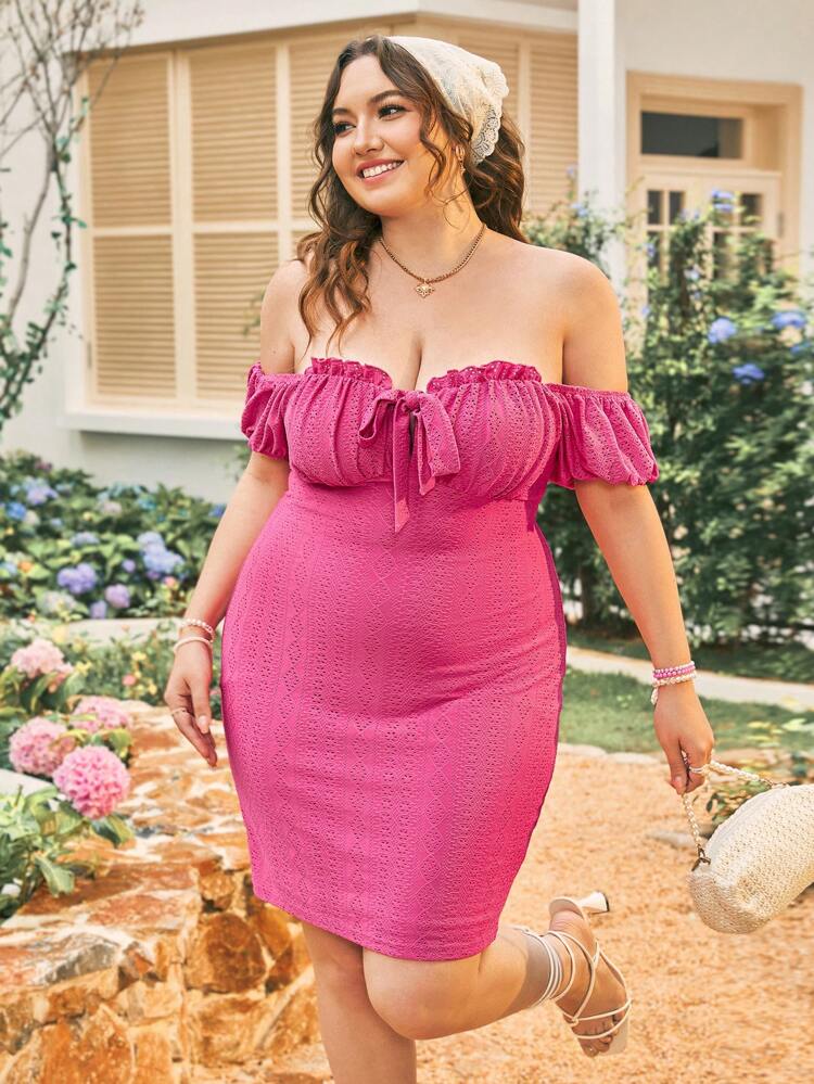 Women's Off-Shoulder Slim Fit Plus Size Dress With Frill Hem