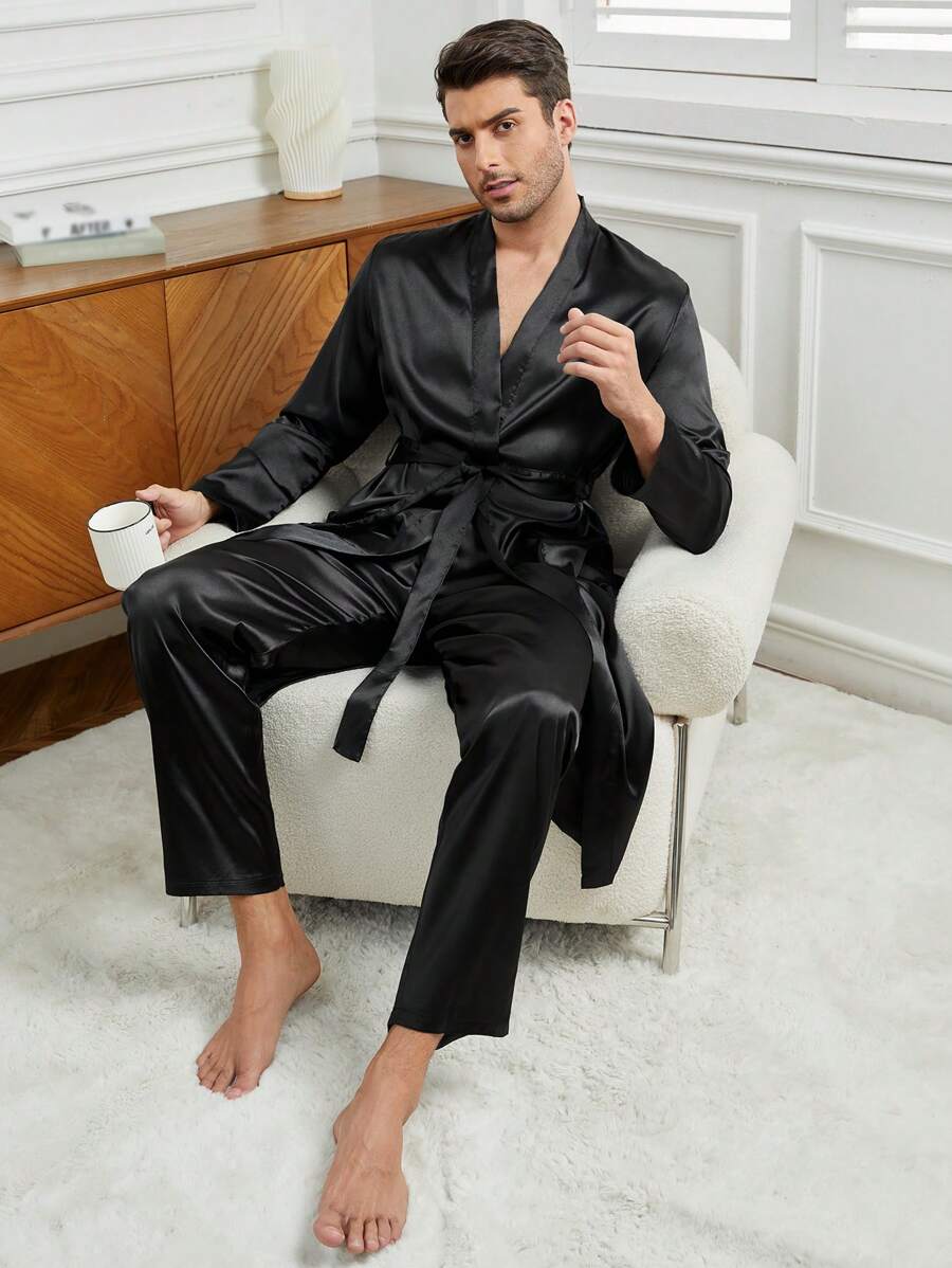 Men's Casual Black V Neck Belted Robe And Pants Loungewear Set Comfortable Nightwear, Fall Winter Clothes