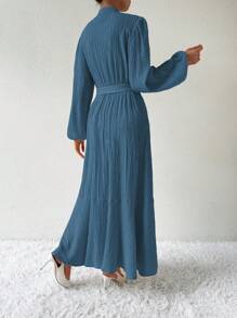 SHEIN Clasi 女款立領氣球袖連衣裙 - 藍色 - 查看 2
