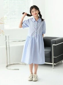 SHEIN 補間女孩寬鬆休閒翻領不對稱下擺泡泡袖中長連身裙 - 霧霾藍 - 查看 1