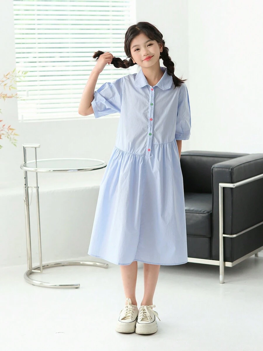 SHEIN 補間女孩寬鬆休閒翻領不對稱下擺泡泡袖中長連身裙 - 霧霾藍 - 查看 1