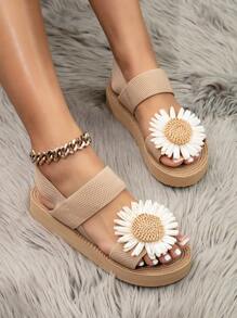 Sandalias de cuña y planas con estampado de girasol simple y casual para mujer, con puntera redonda, tira elástica y suela blanda para vacaciones, fiesta y playa en beige para San Valentín