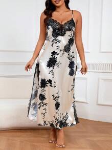 Camisón de satén con estampado floral, encaje de contraste y abertura en el muslo, vestido largo