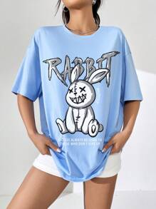 SHEIN EZwear 超大休闲复活节兔子和字母印花圆领短袖 T 恤，适合夏季，男女通用 - 淺藍色 - 查看 5