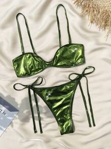 Swim SXY Conjunto de bikini unicolor de textura metálica para mujeres de playa en verano (Micro bikini)
