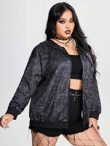 ROMWE Goth 印花邊加大號帶帽衛衣,翼形、十字和字母設計 - 彩色 - 查看 4