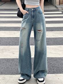 DAZY 女性休閒y2k撕裂牛仔褲 - 藍色 - 查看 8