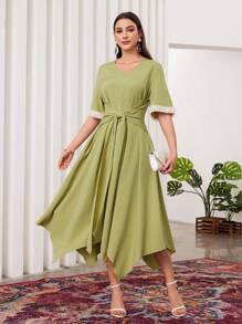 Modelyn Women's Solid Color Plain & Simple Pearl Decorated Cuff Long Dress - Green - View 6