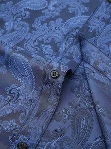 Men's Paisley Jacquard Button-Up Long Sleeve Shirt - Navy Blue - View 6