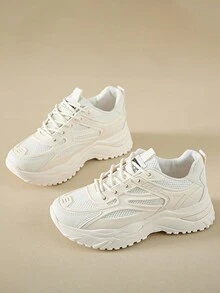 女款時尚圓頭綁帶米白色校園風運動鞋,透氣舒適 - 米色 - 查看 3