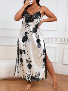 Camisón de satén con estampado floral, encaje de contraste y abertura en el muslo, vestido largo