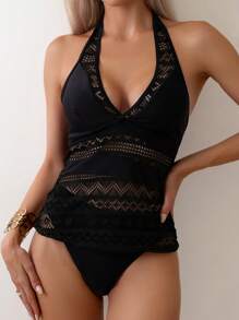 Swim Lushoire Summer Beach Hollow Out V-Neck Halter Tankini Set - Black - View 3
