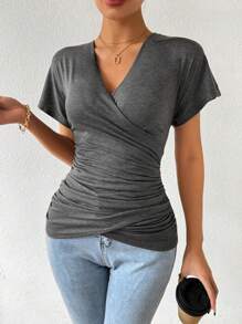 EMERY ROSE Women's Plain V-Neck Ruched Short Sleeve T-Shirt - Grey - View 3