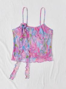 Dreamara Women's Plus Size 3d Floral Sexy Camisole Top With Printed Multi-Layered Ruffle Hem And Cascading Texture - Multicolor - View 5