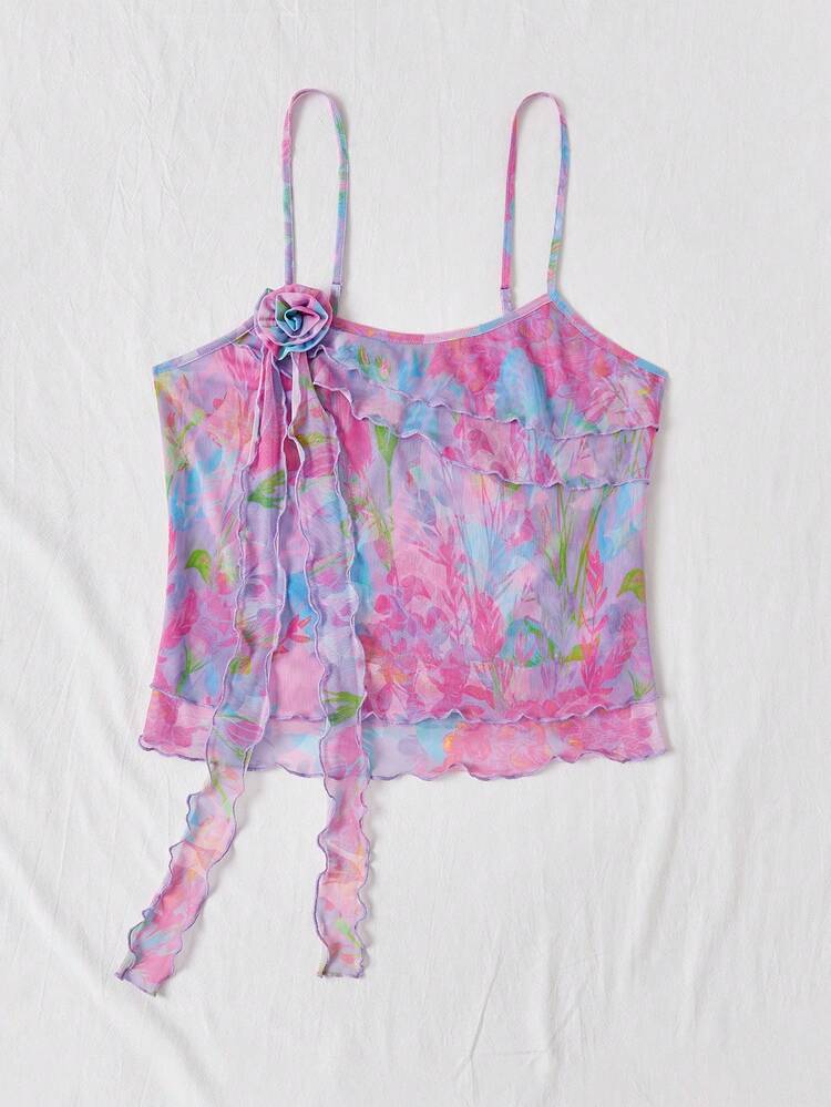 Women's Plus Size 3d Floral Sexy Camisole Top With Printed Multi-Layered Ruffle Hem And Cascading Texture