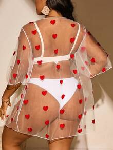 SHEIN Swim Curve Kimono trong suốt in hình trái tim cỡ lớn mùa hè cho nữ - Đỏ và trắng - Xem 2