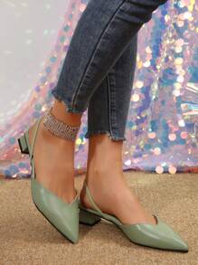 Fall/Winter Fashionable Women's Green Pu Leather Pointed Toe Comfortable Low Heel Hollow Out Shoes, Ideal For All Seasons, Suitable For Office, Party,Flats - Green - View 2