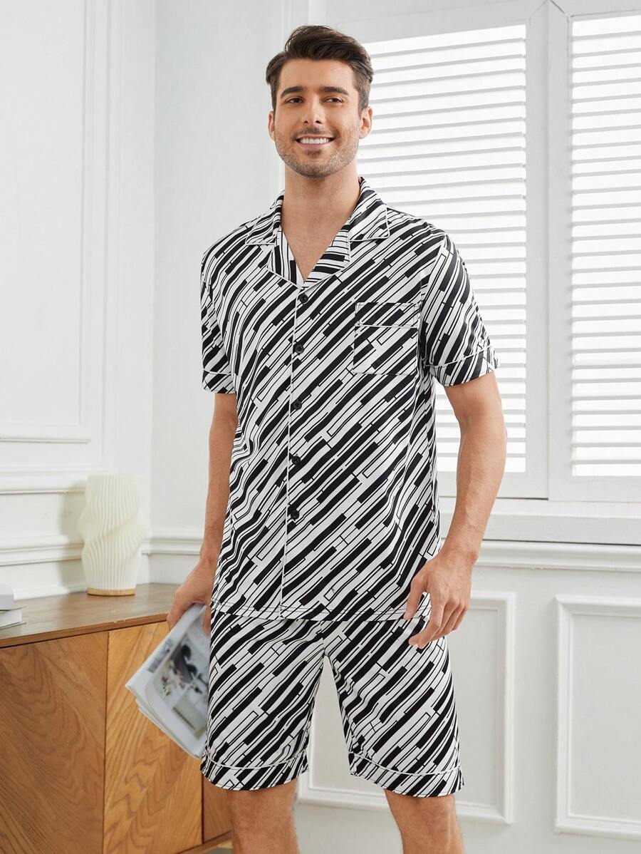 男士數字印花前扣門居家服套裝,帶口袋 - 淺灰紫 - 查看 1