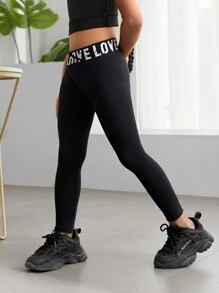 SHEIN Young Girl Street Style Knitted High Waist Letter Print Leggings For Spring And Summer - Black - View 5
