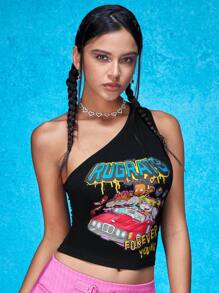 Nick 90s | SHEIN 炫酷針織修身上衣,賽車圖案,印花字母和獨肩設計,適合女性 - 黑色 - 查看 7